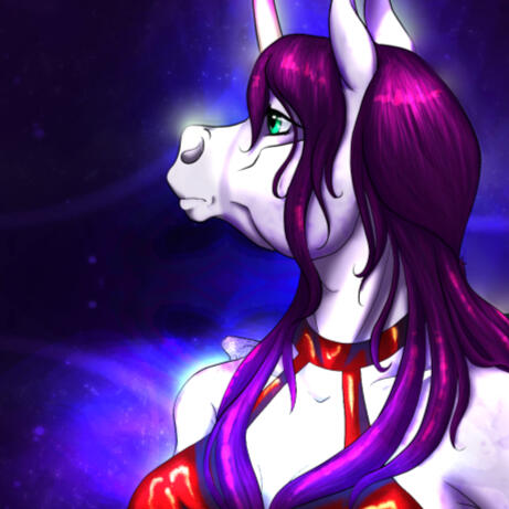 A purple anthropomorphic unicorn looking to the left. She has dark amethyst hair and her horn is white at the base, above her forelock. She wears a red dress, and behind her is a purple/blue background.